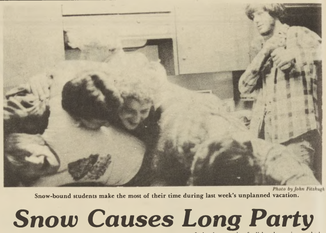 Newspaper clipping that includes a picture of several students hugging and headline that reads, "Snow Causes Long Party"