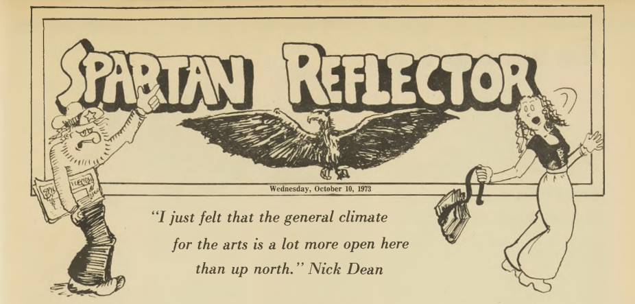 An illustration for the newspaper's front page that features the title "Spartan Reflector" in bubble letters above a bird with outstretched wings. A man and woman holding an issues of a newspaper are illustrated on both sides of the title.