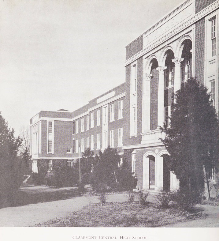 Image of a brick school building from 1948. Under the image is written "Claremont Central High School."