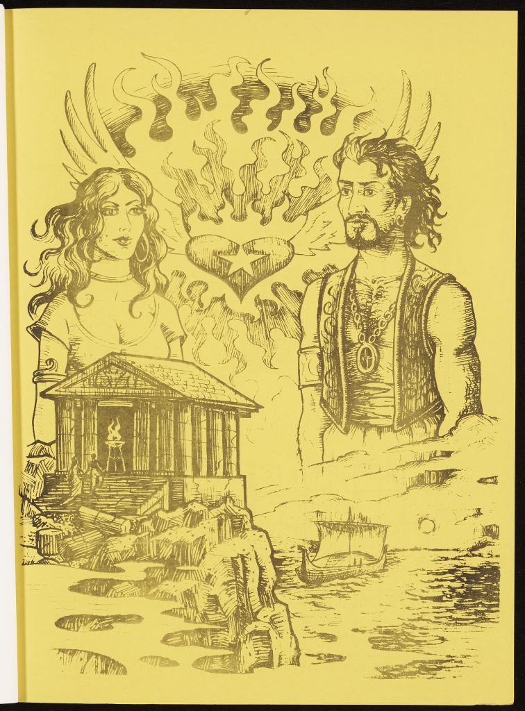 An illustration of two lovers united by a flaming heart. They watch over an ancient Greek landscape.