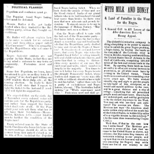 Three clippings of excerpts from articles in newspaper on white paper with little damage.
