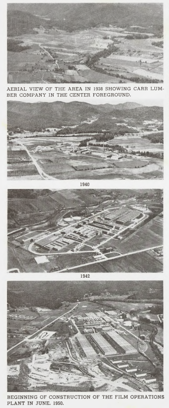Four aerial photographs of the location of the Ecusta Paper Mill in the Pisgah Forest. The first photograph, from 1938 before the Ecusta Mill was built, shows a valley of cropland with a river running through it. More aerial photographs from 1940, 1942, and 1950 continue to document the growth of Ecusta Paper Mill.