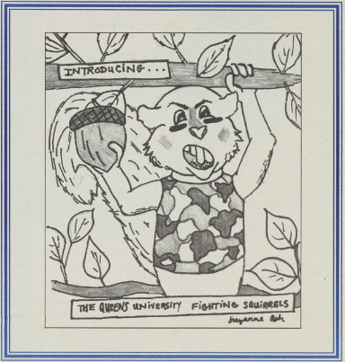 A cartoon introducing the new Queens University Fighting Squirrel mascot.
