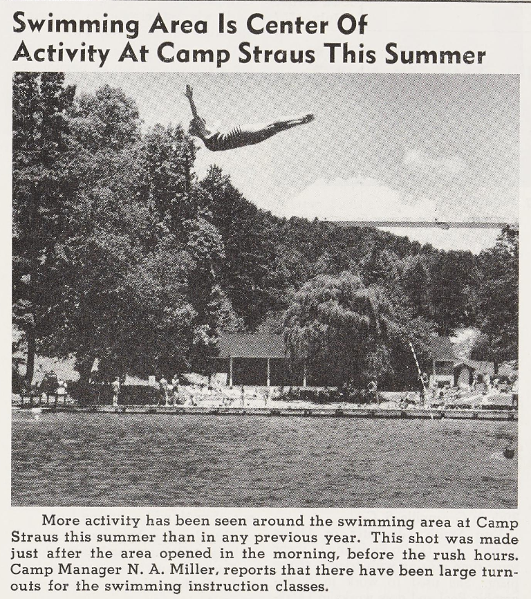 Underneath the heading "Swimming Area Is Center Of Activity At Camp Straus This Summer" a picture shows a person moments after jumping off a diving board at Camp Straus' lake. The person is pictured in mid-air with their arms outstretched and body parallel to the water below.