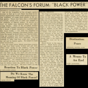 The forum headline, excerpts from two articles, and four headlines for article submissions to the paper’s forum. Newspaper is printed on tan paper with little damage.