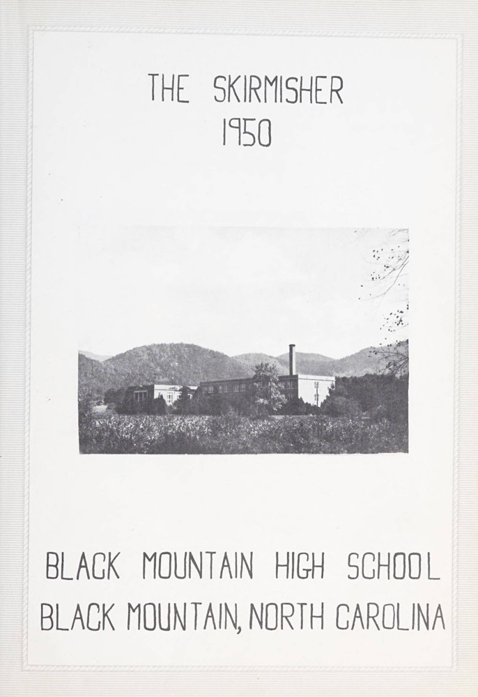 Black and white photograph of Black Mountain High School with mountains in the background