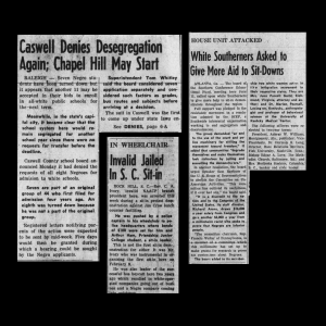 Three clippings from newspaper, articles on white paper with minimal damage.