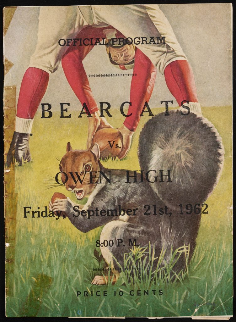 A vintage painting of a high school football player about to spike towards a startled squirrel.