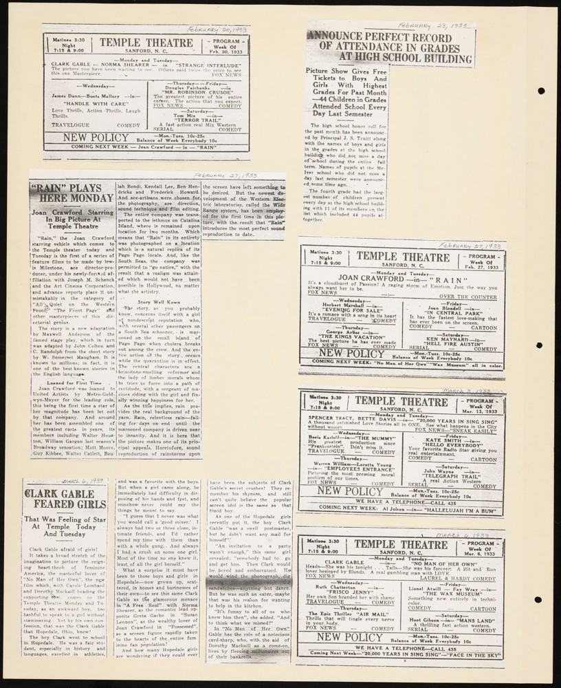 An image of a scrapbook page, with stories about Temple Theater.