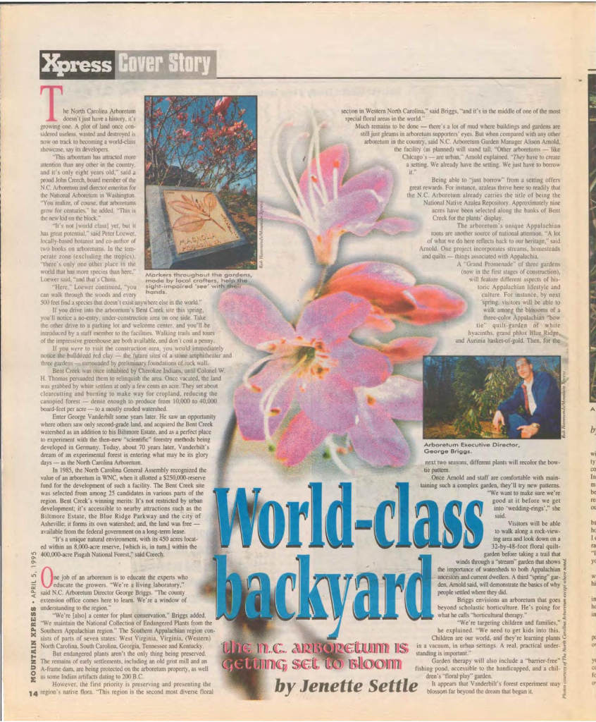 Newspaper page highlighting the colorful pages discussing the NC Arboretum in Asheville. 