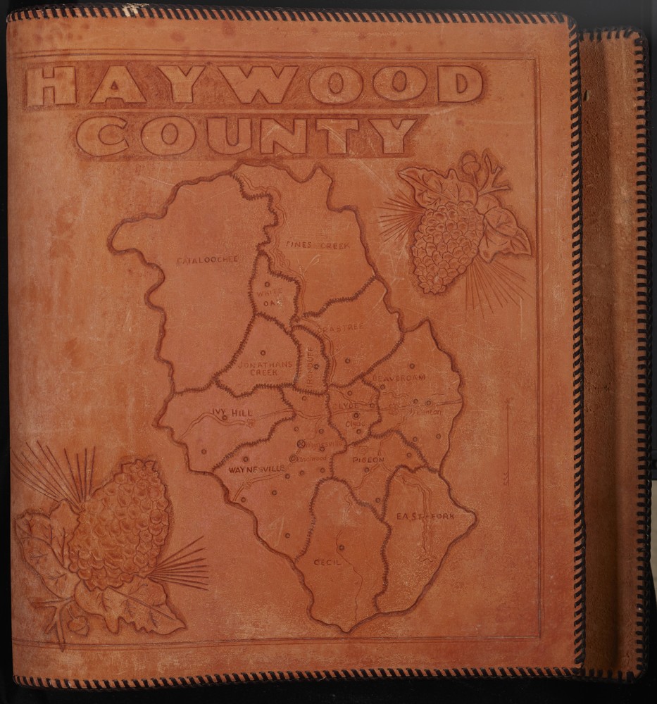 Leather cover with ingrained map of Haywood County