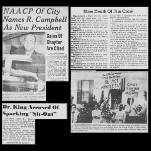 Five Clippings from newspaper on greying paper with minimal damage. Includes articles; a photo of the newly elected NAACP Raleigh chapter president (Ralph Campbell, during address, he is speaking behind a podium with a book open in front of him, he is mid-speech and wearing a suit and tie), and a photo of multiple white hecklers and protesters of integration with signs that read ‘The LORD commanded that the tribes be not mingled’ and ‘cursed is the man who integrates’).