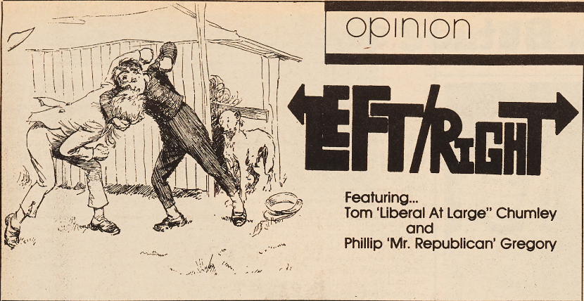 Newspaper clipping featuring a vintage sketch of two boys roughhousing with the words "Left/Right" and "Featuring... Tom 'Liberal at Large' Chumley and Phillip 'Mr. Republican' Gregory."