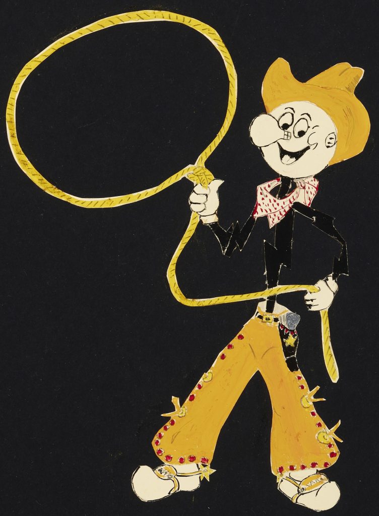 Cartoon style person wearing a cowboy outfit and spinning a lasso.