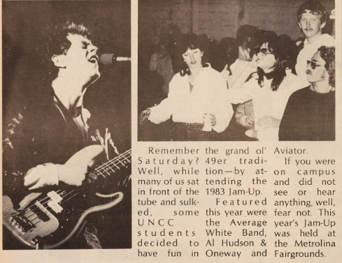 Screenshot of a newspaper entry discussing the Jam Up music festival. There is an image of a man singing and strumming a guitar on the left and an image of a group of students dancing on the right. 