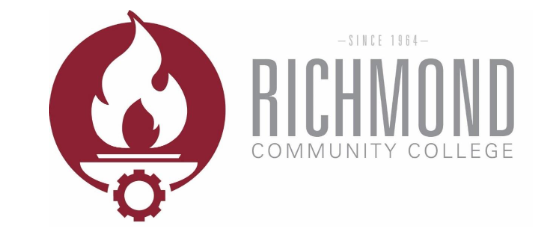 Richmond Community College written out next to its logo, a torch and gear symbol that are surrounded by a red circle.