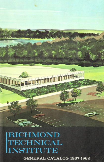 The cover illustration for the 1967-1968 Catalog of Richmond Community College (then Richmond Technical Institute). An aerial color drawing depicts a large rectangular white building. Trees and a small lake are seen behind the building, while a large parking lot with cars is in the foreground in front of the building.