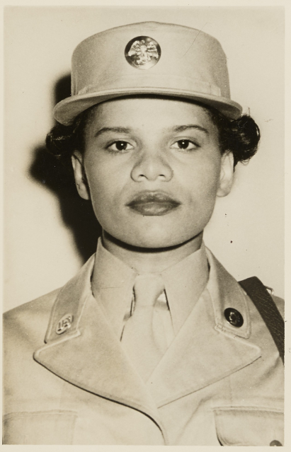 Portrait of Savannah Johnson in a Women's Army Auxiliary Corps uniform.