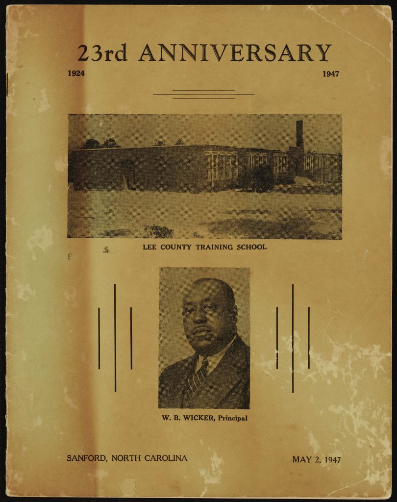 The cover of the 23rd Anniversary program for the Lee County Training School. The cover includes a photograph of the school and a headshot of W. B. Wicker.