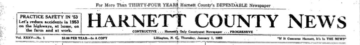 The title section of the Harnett County News from January 1, 1953