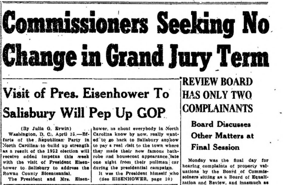 A newspaper clipping of an article that reads "Commissioners Seeking No Change in Grand Jury Term." A subheading reads "Visit of Pres. Eisenhower to Salisbury will Pep Up G.O.P"