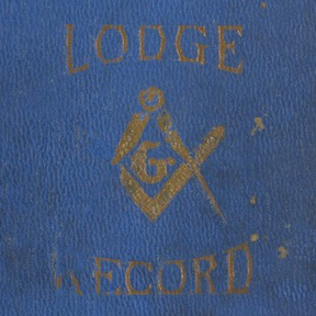 A blue book cover with 'LODGE RECORD' written in yellow lettering around the Mason logo.