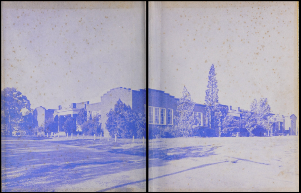 Spanning across a left page and right page of the 1956 Pine Burr Yearbook is a picture of the old West End High School (West End, N.C.). The blue-toned panoramic shows the side of the school's main entrance on the left, while another side of the school building stretches and recedes across the right page.