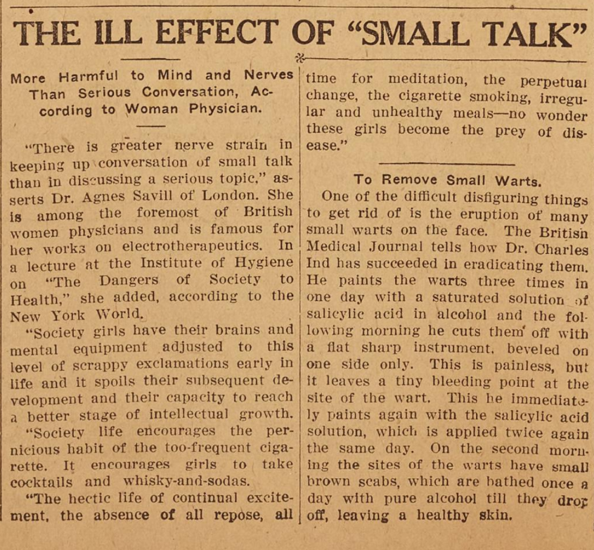 A closeup clipping of an article titled "The Ill Effect of 'Small Talk'" from the February 14, 1923 issue of the Randleman Enterprise (Randleman, N.C.)