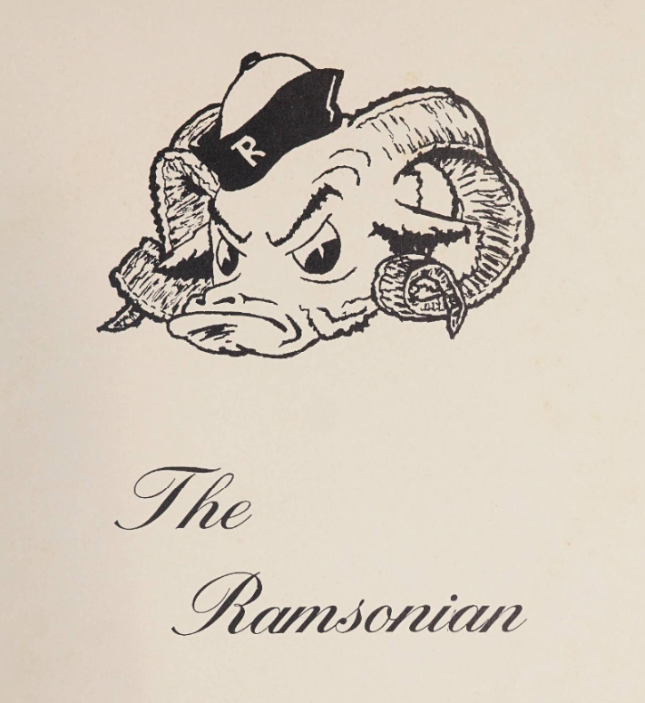 A picture of the title page of The Ramsonian [1956] yearbook. There is a cartoon illustration of a bighorn ram wearing a hat with an "R" on the front. Below the ram, the title, "The Ramsonian," is printed in cursive script.