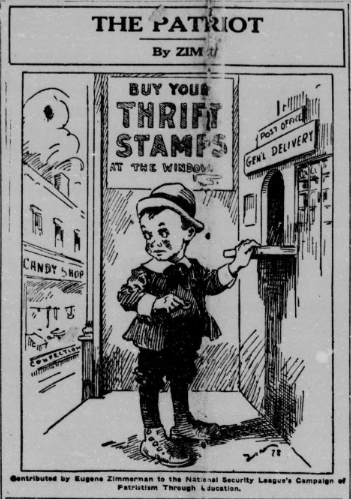 A political cartoon titled "The Patriot" from the July 12, 1918 issue of The News-Herald. A young child is seen looking over their shoulder towards a candy store as they stand waiting at the post office window to buy war stamps.