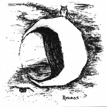 A cartoon of an owl resting on a crescent moon.