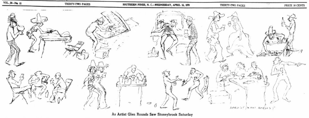 Sketches of figures seen at Stoneybrook. Couples set up tables and friends share drinks.