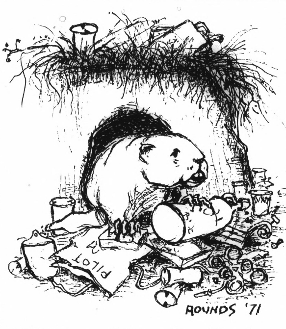 A cartoon of a beaver resting on a pile of papers, office supplies, and bottles.