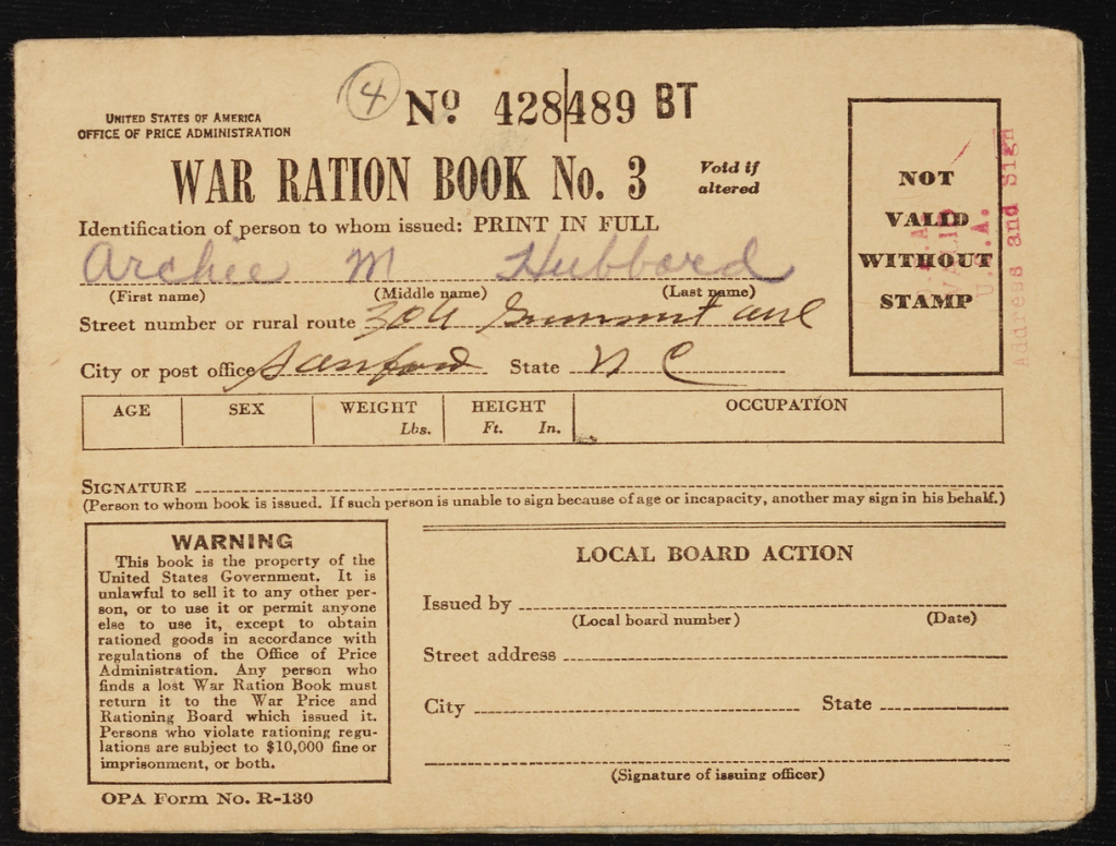 The front cover of a War Ration Book, given to Archie M Hubbard