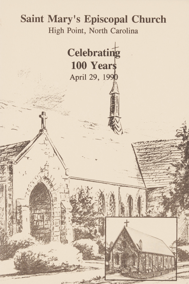 The cover illustration of the program book for St. Mary's Episcopal Church's 100-year anniversary. The cover features a black-and-white sketch of a church, with a smaller second sketch of church featured in an inset on the bottom righthand corner.