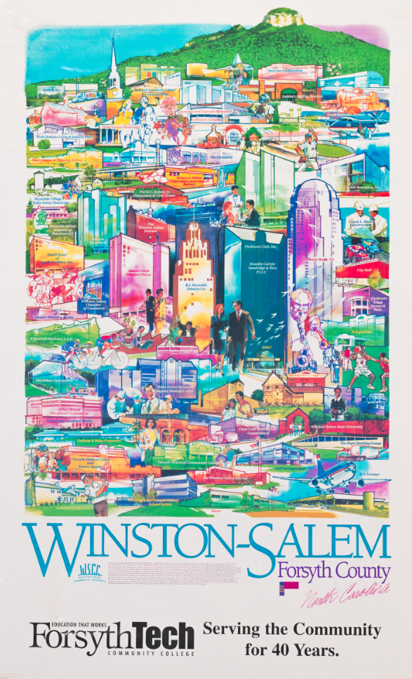 A colorful poster that includes skyscrapers, prominent buildings and sites, and people from Winston-Salem that are digitally collaged together.