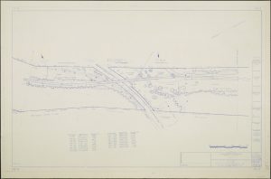 A map featuring a section of the Blue Ridge Parkway in blue ink. The map depicts the Parkway road and nearby natural features, including trees and plants.