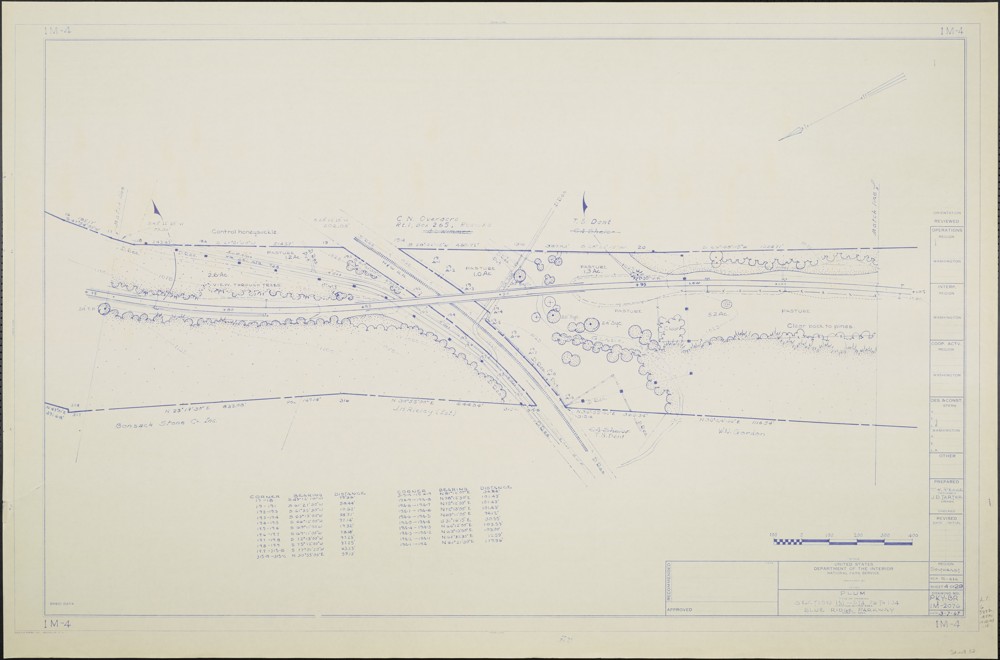 A map featuring a section of the Blue Ridge Parkway in blue ink. The map depicts the Parkway road and nearby natural features, including trees and plants.
