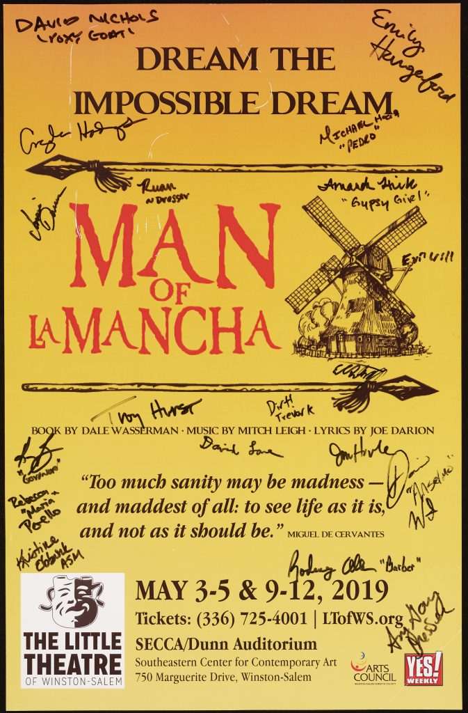 A signed show poster for a 2019 production of "Man of La Mancha"