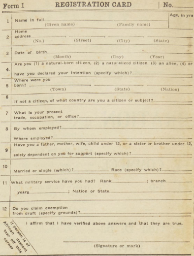 Image of a registration card for the armed services. 