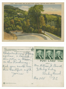 An illustrated postcard depicting a car traveling on a paved, winding roadway. The road is surrounded by a green forest.