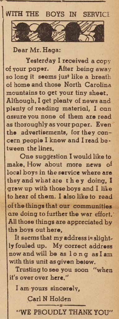Published letter from a servicemember to The Avery Herald staff. In the letter, the individual mentions the importance of the paper to not only them, but their fellow soldiers.