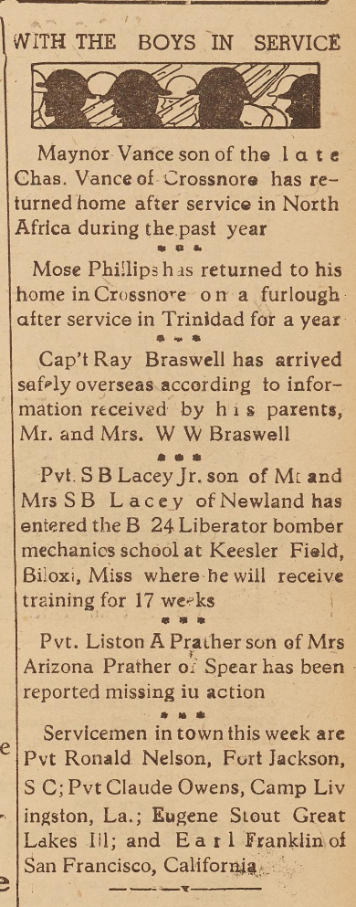 Column in The Avery Herald titled "With the Boys in Service." Below the title is information about Avery County servicemembers such as their names, parents names, where they have been stationed, and their status.