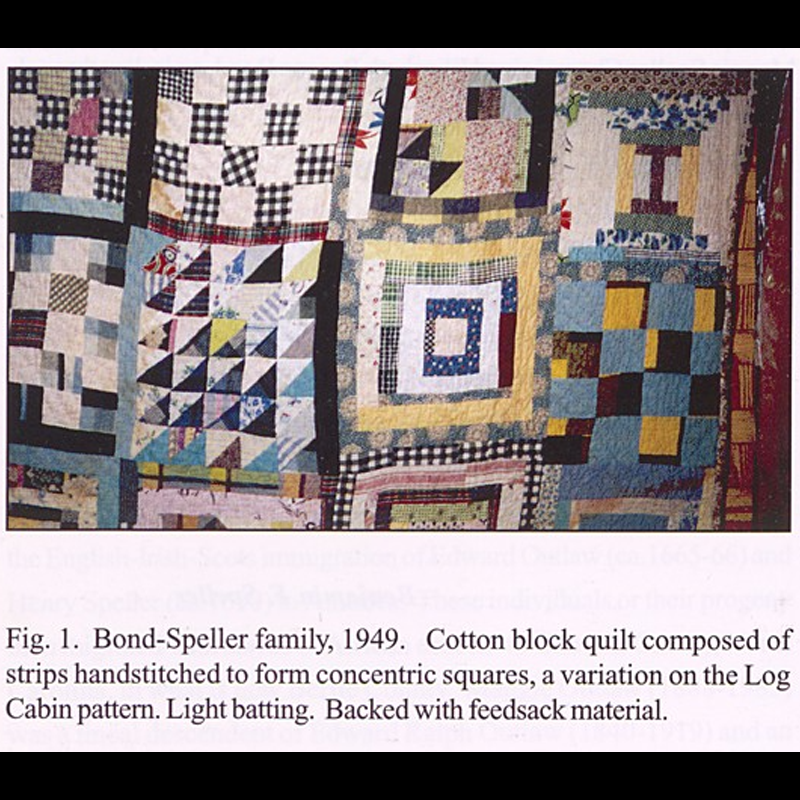 Excerpt of exhibition program showing a multicolor patchwork quilt. The quilt is a variation on the log cabin style, with asymmetrical designs and use of colors. It is primarily blue, green, white, and block with pops of yellow and red. Included is the caption detailing the piece.