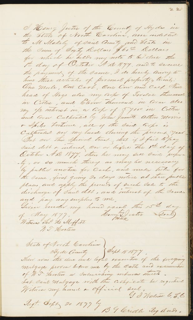 A page inside of the Chattel Mortgage Record Book No. 2 which features the documentation a mortgage agreement written and signed by a local official.