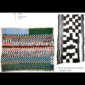 image contains a picture of a quilt and a ceremonial skirt. The quilt (left) is shown in color, made up of many bright colors. The top of the quilt has two large blocks of blue and green cloth and then continues with very small asymmetrical squares in a checkerboard-like pattern, alternation between black squares and the various colors. The colored squares are arranged in the quilt by color, going from yellow to blue to white to patterned blocks, then continues with red to pink to white to green to red to a large section of blue. Then continues into a line of yellow to a large section of green then a thin strip of brown, giving the checkerboard pattern also a color block pattern. The quilt is outlined with a cream colored trim. The Kuba ceremonial skirt pictured (right) also has thin lined borders along the top and bottom that move into a block of white and then begins a checkerboard pattern of similar small asymmetrical squares.