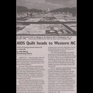 Excerpt from newspaper with photo and article. Photo shows the AIDS Memorial Quilt displayed on the National Mall with people walking through the display and viewing the quilt panels.