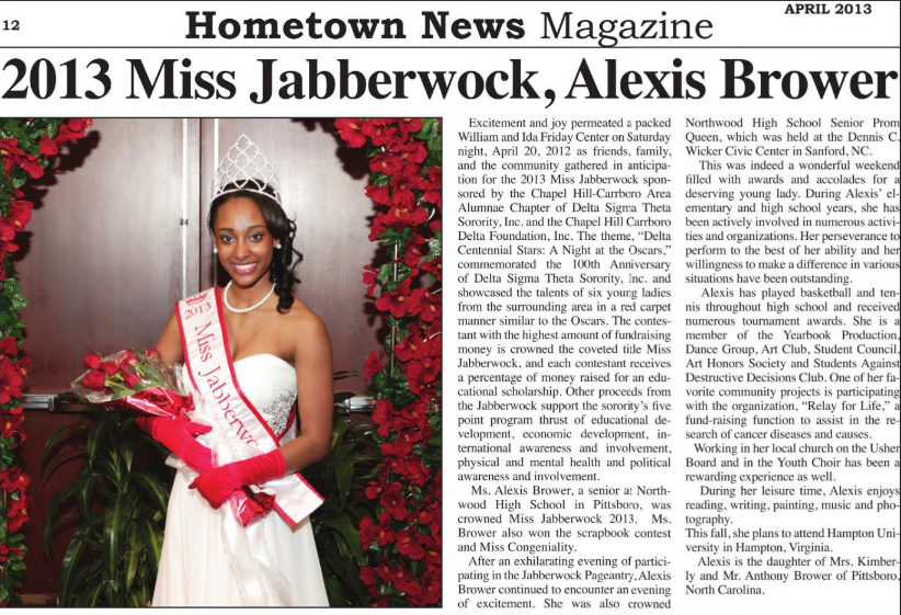 An article announcing the winner of the 2013 Jabberwock pageant, Alexis Brower. A color photo is included.