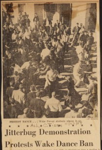 Image of a newspaper clipping detailing the jitterbug demonstration Wake Forest students participated in to protest the ban of dancing on campus.