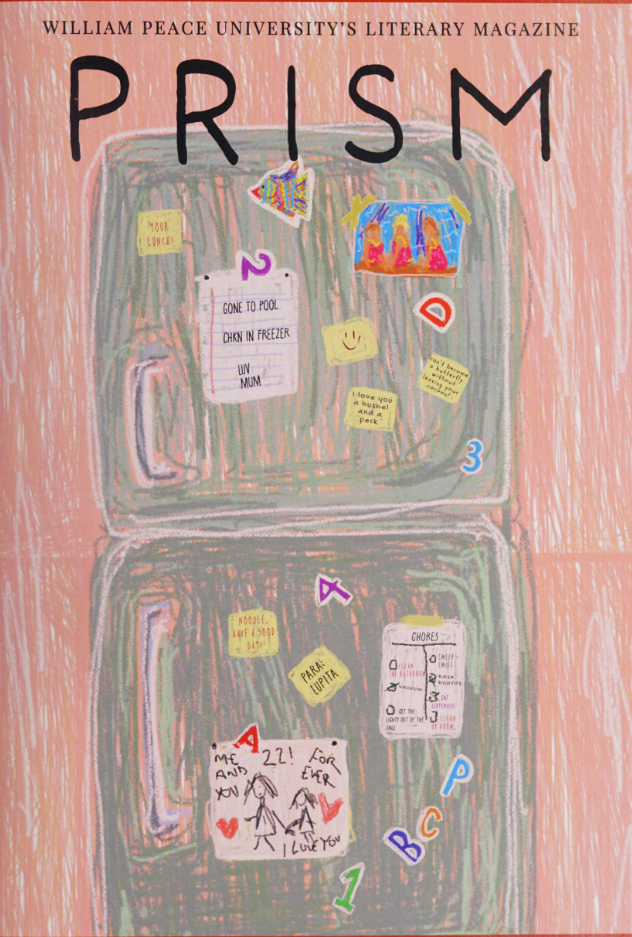 The cover of the 2024 issue of Prism. The colorful pink cover page has a crayon like texture and features a drawing of a gray fridge. On the fridge are magnets, notes, and pictures. The title "Prism" cuts just across the top of the fridge.